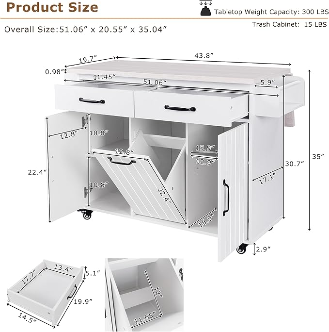 51" Moveable Kitchen Island with Trash Can Storage Cabinet, Kitchen Cart with Drop Leaf, Spice Rack, Towel Rack and Drawer, Rolling Kitchen Island on 5 Wheels with Adjustable Shelf,White