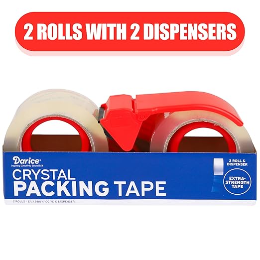 Darice Packaging Tape with Dispenser - 2 Pack Heavy Duty 1.88" x 100 yds Strong and Durable Clear Tape for Moving, Shipping and Storage, 3 inch Core, Clear Package Tape