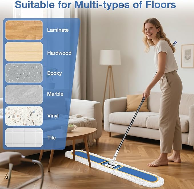 48" Commercial Industrial Dust Mop for Floor Cleaning, Large Floor Dust Broom with Washable Mops Pads, Wet Dry Duster Mops for Hardwood Floors,Marble, Laminate, Tile, Concrete, Garage,Blue