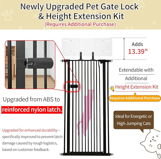 Lumizone Extra Tall Cat Gate 55.12" High Pressure Mounted Extra Wide 2025 New (17 Sizes) 1.37" Gap No Drilling Auto-Close One-Handed Operation Tall Pet Gate for Dogs(Black, 55.12" H x 63.39"-67.71" W)