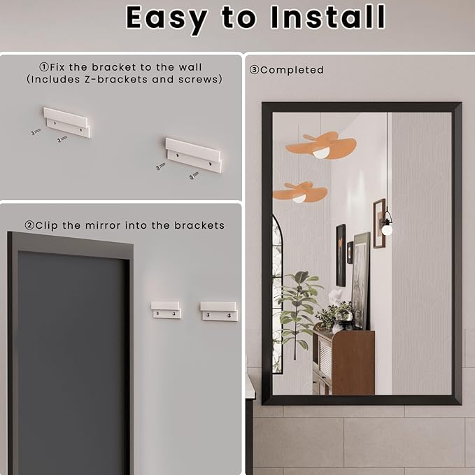 Amorho Bathroom Mirror Black, 50x36 Inch Thick Metal Framed Wall Mirrors, Suitable or Bedroom, Living Room, Entryway, Rectangle Wall-Mounted Mirrors(Horizontal/Vertical).
