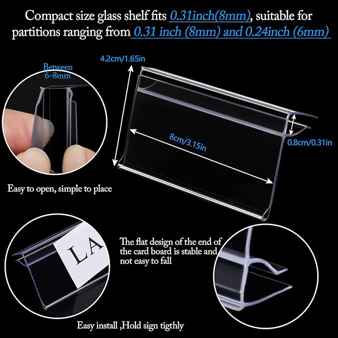 Glass Shelf Label Holders 50 pcs with Inserts Fits 1/4" to 3/8" Glass Shelving