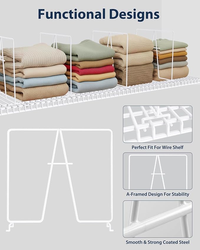 8 Pack Wire Shelf Dividers for Closet, Solid Coated Metal Closet Dividers for Closet Organization, Easy Install Closet Shelf Divider for 12'' Tall x 12'' Deep Wire Shelves and Storage, White