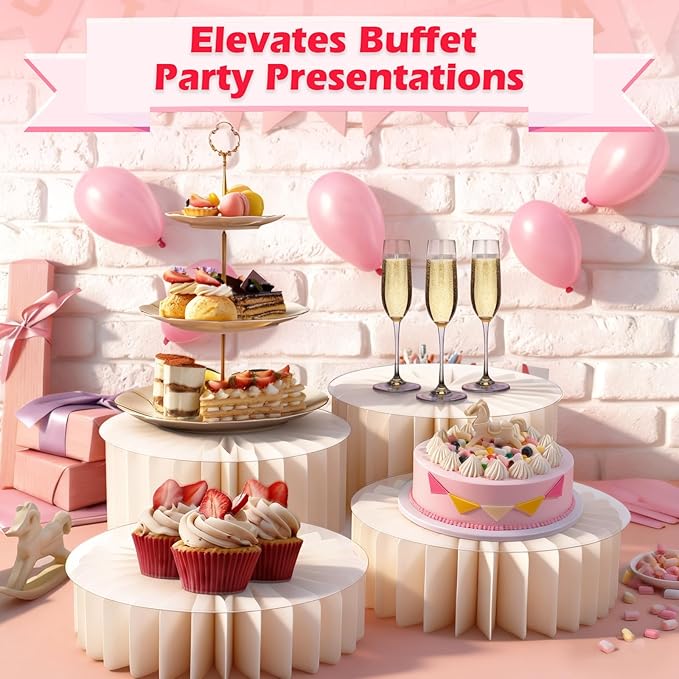 6Pcs Buffet Risers, Foldable Food Risers for Buffet Table, 12" Reusable Cardboard Display Risers Cylinder Stands with Acrylic Plates for Party, Wedding, Catering & Birthday Decor