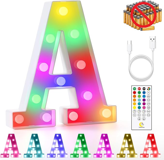 mooncow Rechargeable Light Up Letters,Colorful Marquee Letters with Remote,Gift Wrap Gifts,Bedroom Home Bar Party Decor (A)