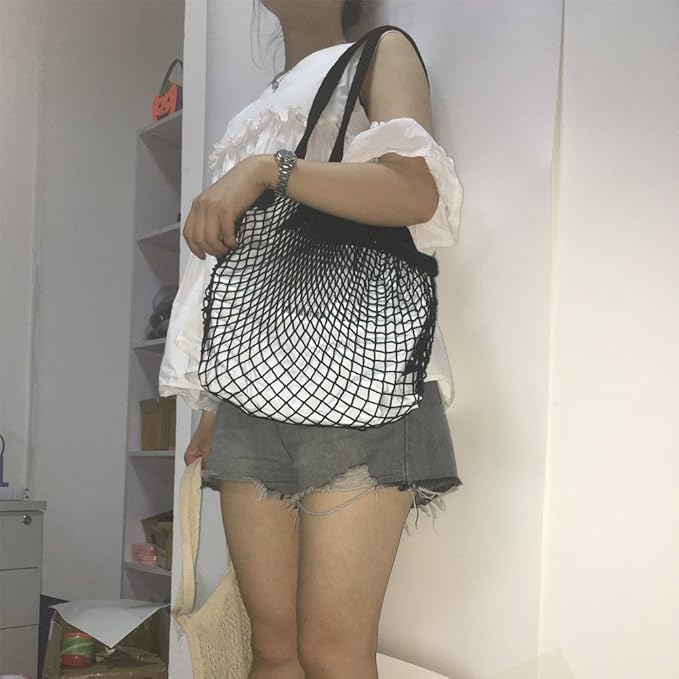 Portable Reusable Mesh Cotton Net String Bag Organizer Shopping Tote Handbag Fruit Storage Shopper NEW (black02)