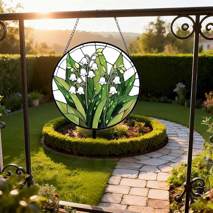 Stained Glass Window Hanging, Lily of The Valley Flower Sun Catcher Glass Panel with Metal Chain, 7.88’’ Indoor/Outdoor Art Decor for Home Garden, Birthday, Christmas
