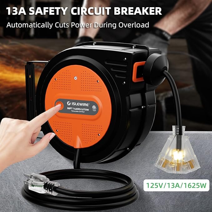 80FT Retractable Extension Cord Reel, 14 AWG/3C SJTOW Heavy Duty Power Cord with Lighted Triple Outlet, 13A Circuit Breaker, 180° Swivel Wall/Ceiling Mount Retractable Cord Reel, ETL Listed, Orange