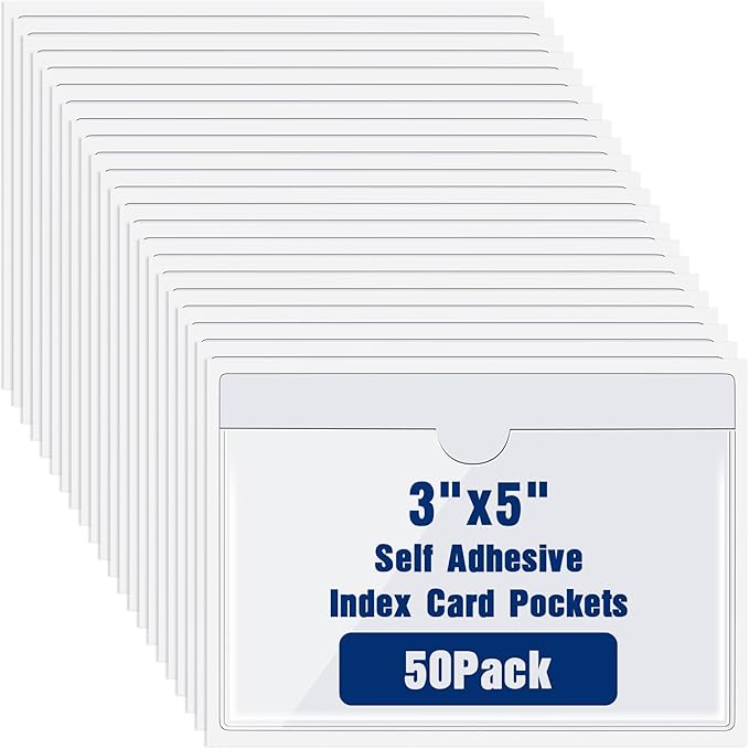 Chinco 50 Pack Clear Adhesive Pockets, Labels for Storage Bins, Plastic Self Adhesive Index Card Holder with Top Open for Organizing Bins Box Drawer(3.7 x 5.3 Inches)