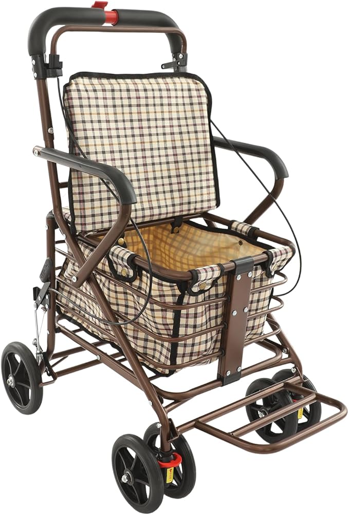 Shopping Cart, 220lbs Foldable Shopping Cart, Utility Cart with Seat & 360° Wheels, for Groceries, Laundry, Camping (Checkered)