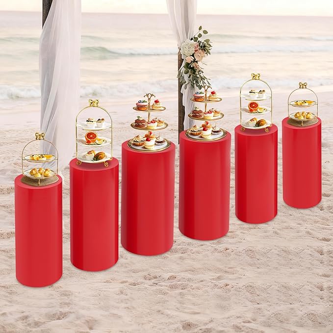 6Pcs Metal Pedestal Stand for Party, Large Red Cake Stand, Pedestal Display Plinth Pillars for Wedding Ceremony Birthday Party Art Decor, Column Decorative Cube for Wedding Dessert Table Display