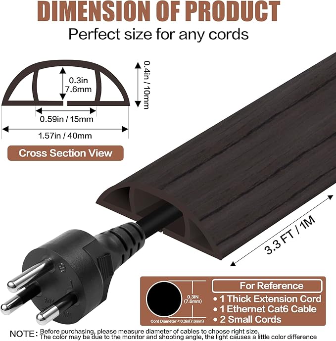 Floor Cord Cover Self Adhesive Cord Hider,3.3FT Cable Management, Extension Strip Protector for Wires, Prevent Cable Trips for Offices, Gyms, Exhibitions Cavity:0.51"(W) x 0.3"(H) Black Wood