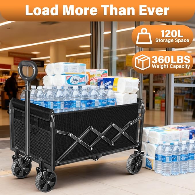 Wagons Carts Foldable Collapsible Wagon with Wheels — Folding Utility Wagon Cart Portable for Camping,Sports,Groceries,Apartment & Travel | Collapsible Wagon for Storage & Shopping,360lbs,Black