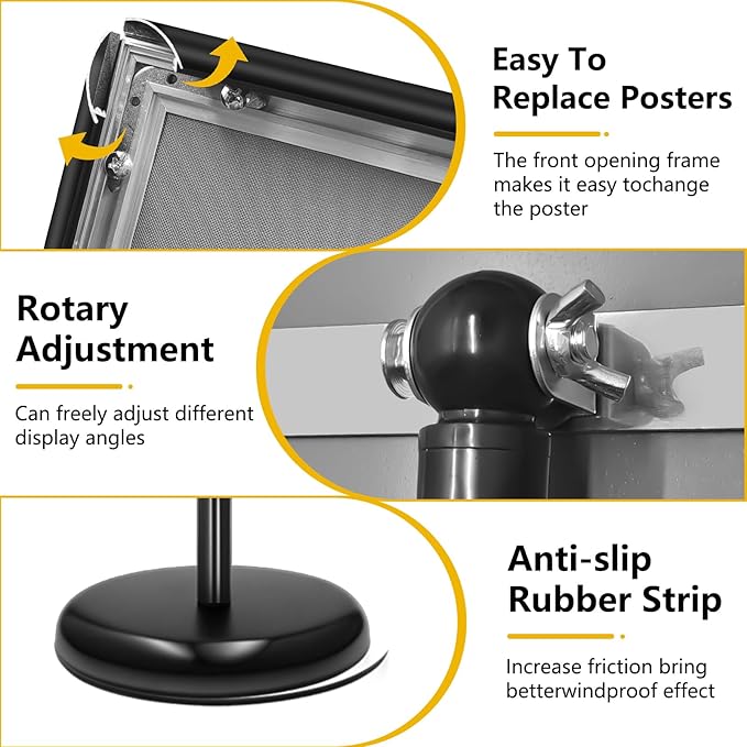 2 Pack Sign Holder Stand 8.5x11 Inch, Adjustable Sign Stand, Floor Standing Sign Holder, Snap-Open Frame Display, 360° Rotation Outdoor Indoor Poster or chalk board Display for advertising,Malls,Black