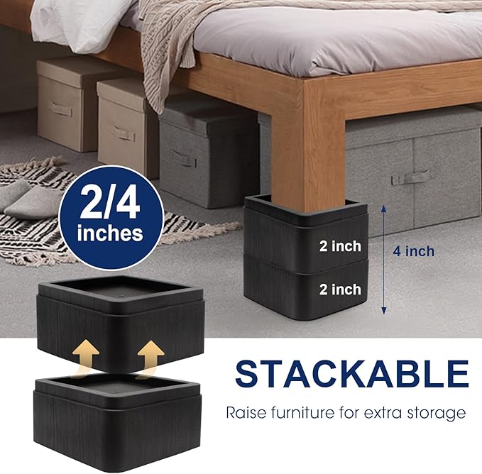 Bed Risers 2 inch, Oversized Fits 5.5in Legs， Heavy Duty 6000lbs, Stackable 4/6 Inch Bed Raising Blocks Furniture Riser for College Dorm, Couches, Tables, Desks, Platform