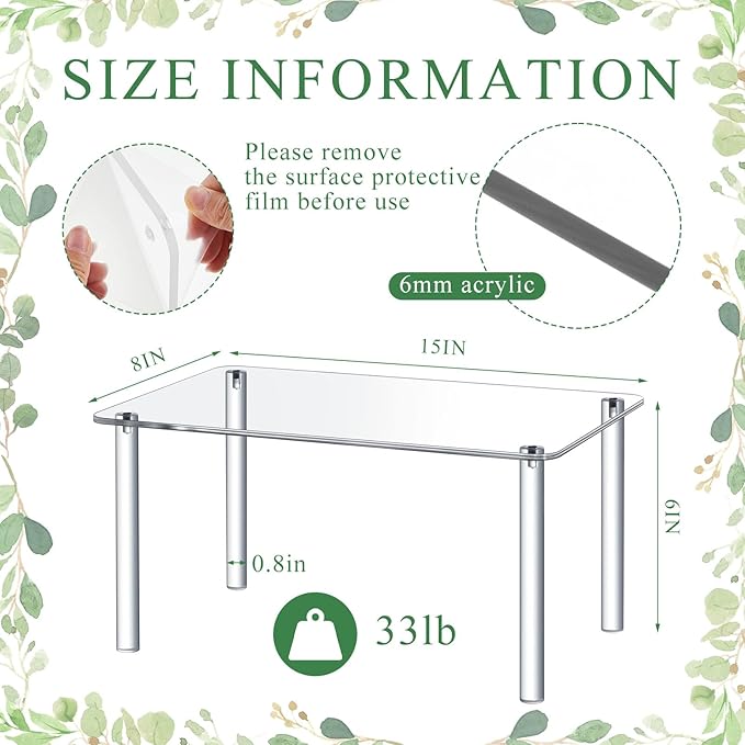 Extra Large 6mm Thick Acrylic Rectangular 4-leg Display Risers, Acrylic Stand, Clear Shelf Riser Display Stands for Decor Collectibles Figures(2 Pcs,15×8×6in)