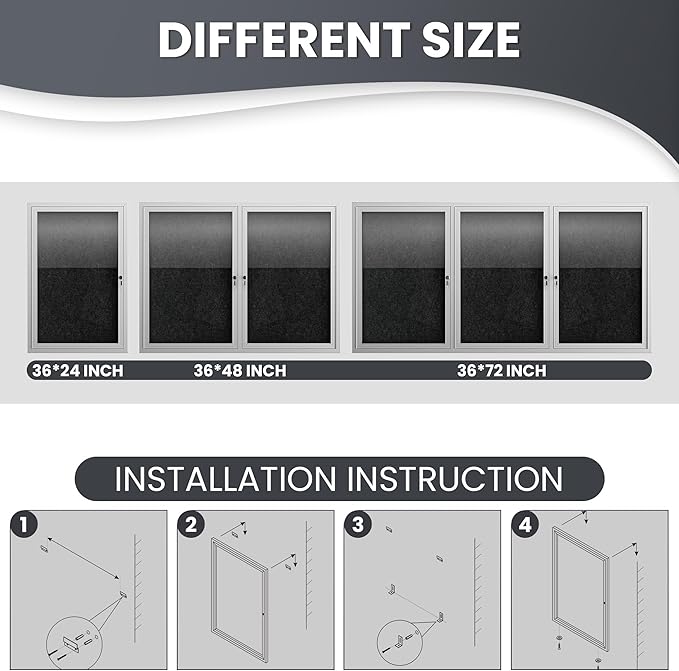 36"x24" Lockable Enclosed Bulletin Board, Outdoor Flet Weather-Resistant Aluminum Frame Notice Board, Wall Mounted Display Case Acrylic Doors for School,Office,Silver Frame w/Black Flet