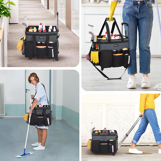 Large Rolling Cleaning Caddy Bag with Detachable Trolley, Waterproof Cleaning Caddy on Wheels for Housekeepers, Cleaning Cart Supplies Organizer for Home,Car,Office,Picnic(Gray)(InPatent)