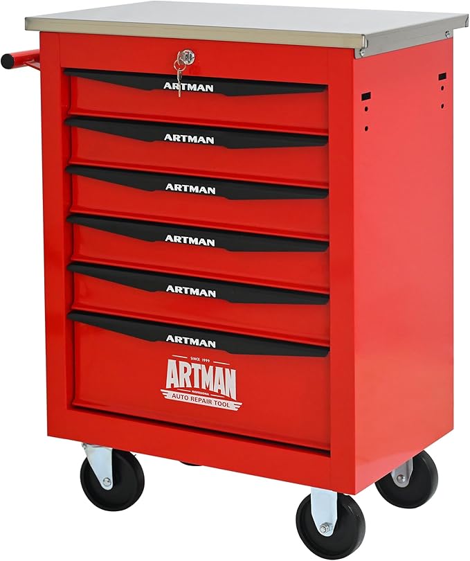 6 Drawers Tool Cart on Wheels with Stainless Steel Worktop, Heavy Duty Mobile Rolling Drawer Tool Chest with Locking Wheels & Lockable Drawers, Garage Tool Storage Cabinet (Red, 6 Drawers)