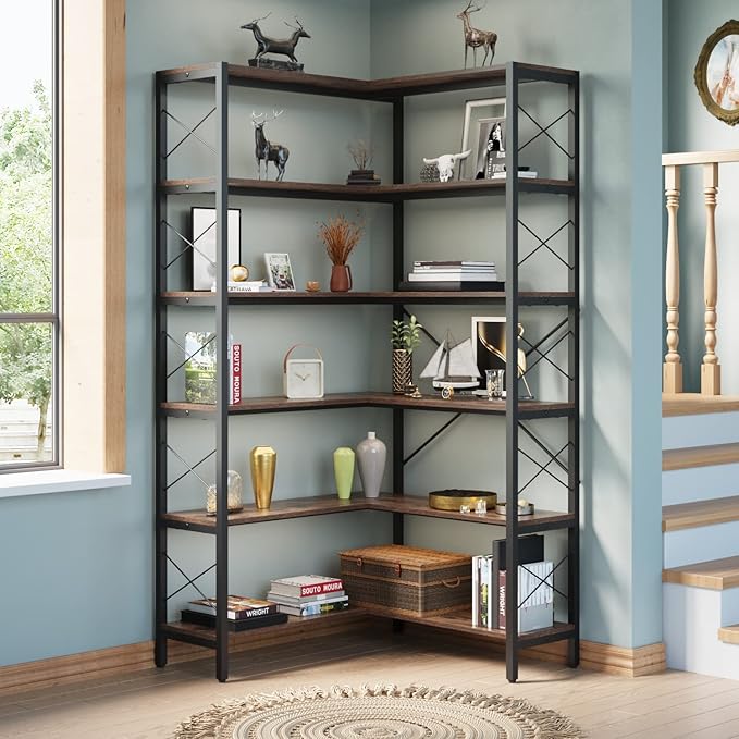 6-Shelf Corner Bookshelf, Vintage Industrial CornerBookshelf Etagere Bookcase, Large Book Shelf with Metal Frame Open Storage Corner Cabinet for Living Room Home Office（Retro Brown）