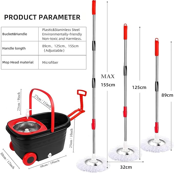 Mop and Bucket with Wringer Set, 360° Rotating Floor Mop Bucket on Wheels for Floor Cleaning, 3 Microfiber Mop Replacement Head Refills, 61"" Stainless Steel Extended Handle, Red&Black