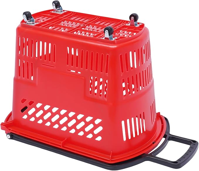 6PCS Plastic Shopping Basket with Handles & Wheels, 35L Rolling Shopping Carts, Grocery Basket with 4 Wheels and Handle, Portable Shopping Basket for Retail Stores, Supermarkets (6PCS - Red)