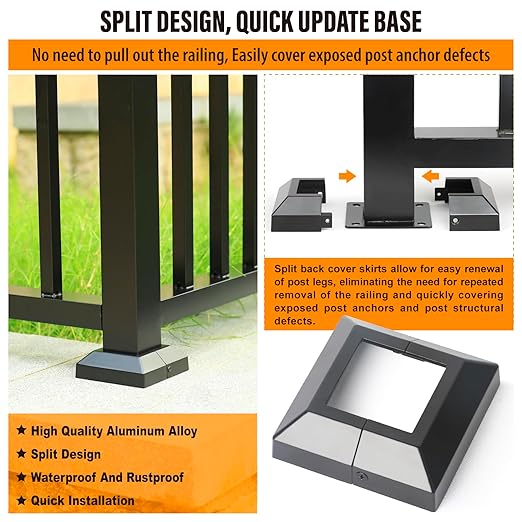 12 pcs 2.5"x2.5" (Actual: 2.5"x2.5") Aluminum Deck Post Base Cover, for Railings, Stairs, Patios, Porches, Split Deck Post Skirt (Black)