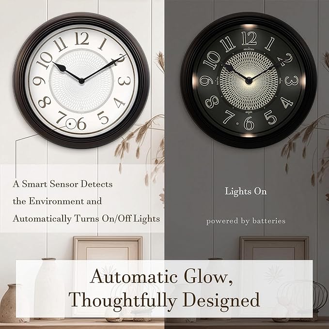 12.6" Galaxy Luminous Atomic Wall Clock for Bedroom,Illuminated Night Light Wall Clock with Smart Sensor to Turn On/Off LED Light, Oil Rubbed Bronze Black,Housewarming Gifts