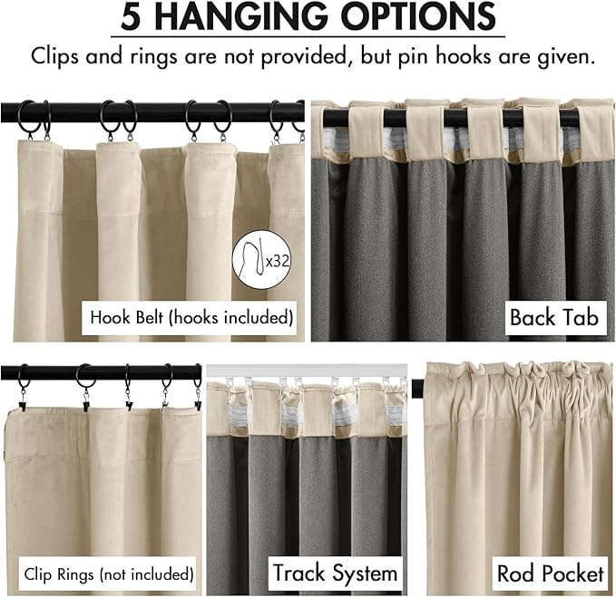 MIULEE Velvet Curtains 84 Inches Long 2 Panels Set for Bedroom, Pinch Pleat Back Tab Luxury Thermal Insulated Living Room Darkening Drapes Pleated Blackout Window Curtains with Hooks, Beige