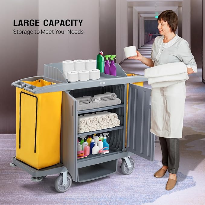 TUFFIOM Industrial Multifunctional Locking Hotel Cart,Commercial Traditional Cleaning Janitorial Room Service Housekeeping Cart, 51" H x 59" W x 20" D,Grey