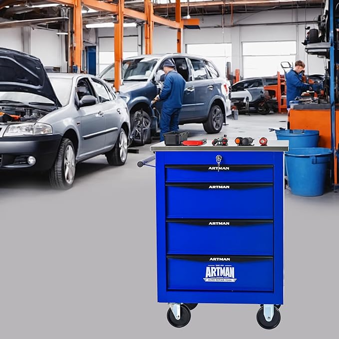 4 Drawer Rolling Tool Chest with Locker, 22.2" D Metal Movable Lockable Tool Cart Box Multi-Functional Hardware Storage Cabinet Box for Warehouse Basement Home Pantry Garage