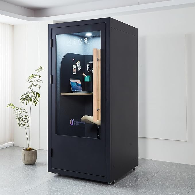 Office Pod, Mobile Office Pod Booth, Solo Soundproof Booth with Acoustic Panels, Sound Pod Silent Ventilation, Wheels and Feet, Privacy pod, Built-in Table, LED Lighting, AC, USB Ports - Black