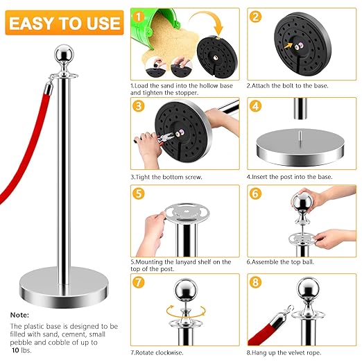 LOVMOR Stainless Steel Stanchion Post, Stanchions with Red Rope, Hollow Base and Velvet Ropes Safety Barriers Set, Carpet Runner for Party (6pack-Silver)