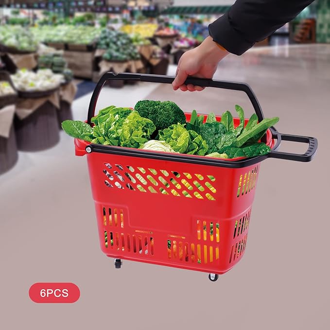 35L 6PCS Shopping Carts with Wheels and Handle, Plastic Rolling Basket, Portable Shopping Baskets Set for Supermarkets and Retail Stores