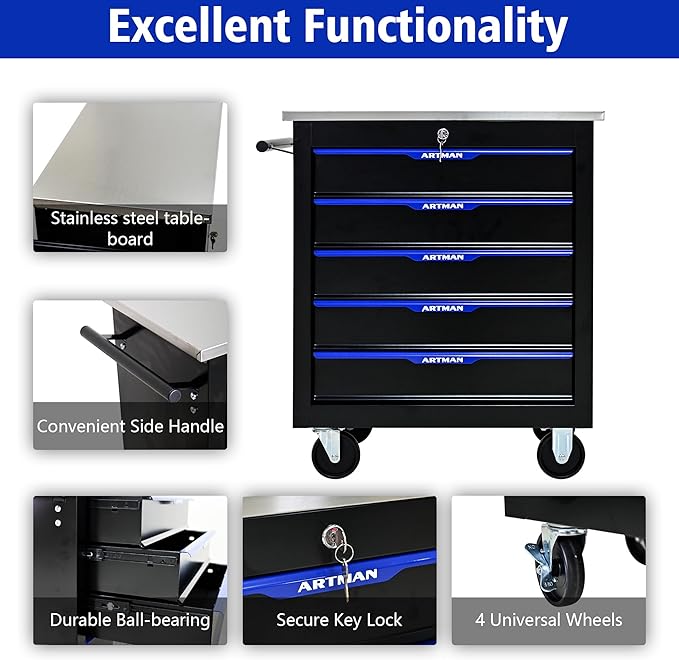 5 Drawer Rolling Tool Chest with Locker, 25.9" D Metal Movable Lockable Tool Cart Box Multi-Functional Hardware Storage Cabinet Box for Warehouse Basement Home Pantry Garage