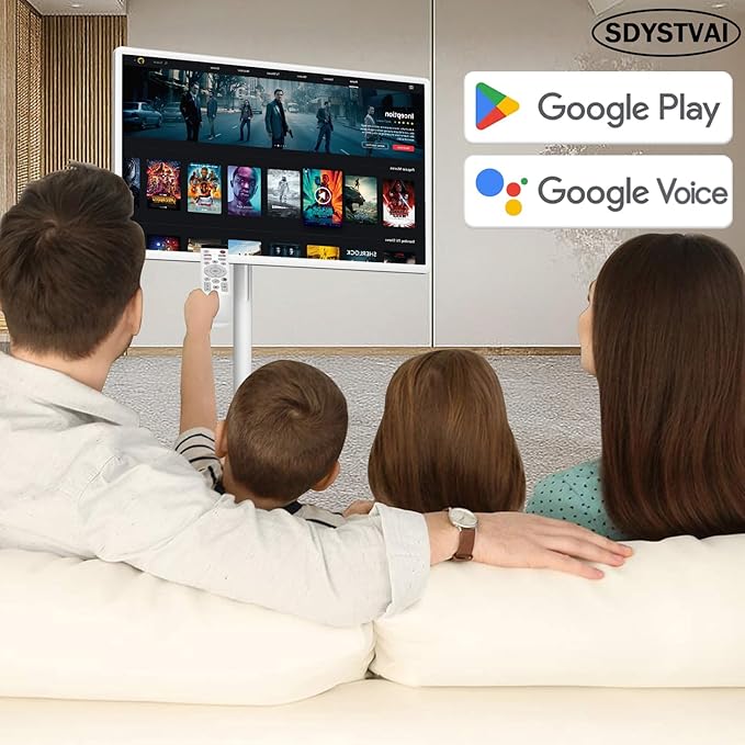32-Inch FHD Smart Portable TV on Wheels, Rolling TV 1080P Touch Screen Android 15 OS Monitor, EDLA-Certified, 6G RAM + 128GB, 8MP Camera, Built-in 6–8H Battery, Full Swivel Rotation, Voice Remote
