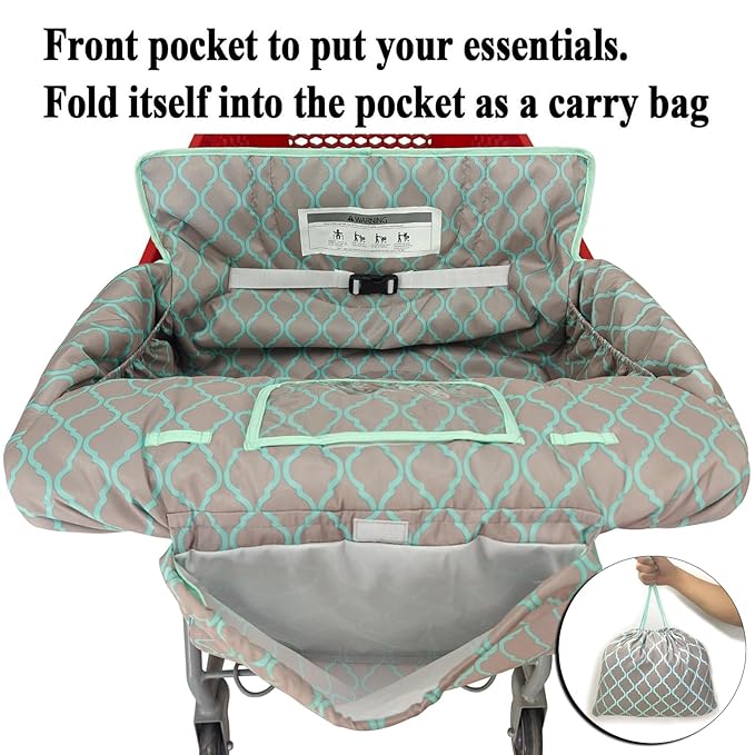 2-in-1 Shopping Cart and High Chair Cover for Baby, Padded Cover, Fold'n Roll Style, Portable with Carry Bag (Gray Grid)