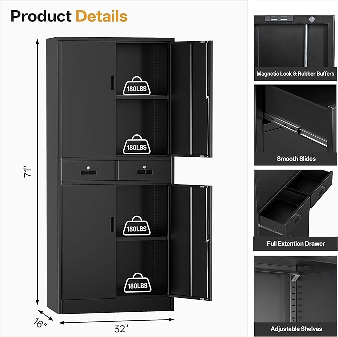 Metal Storage Cabinet，71" Garage Storage Cabinet with 2 Locking Drawer and 2 Adjustable Shelves ，Black Tool Cabinet，Lockable File Steel Cabinet for Home, Office, Gym, School.
