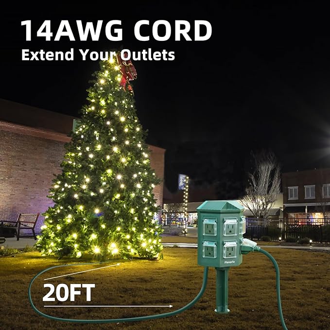 Outdoor Power Strip Waterproof, 20 FT Extension Cord, 6 Grounded Outlets for Christmas Decorations and Inflatables, 15A/1875W, ETL Listed