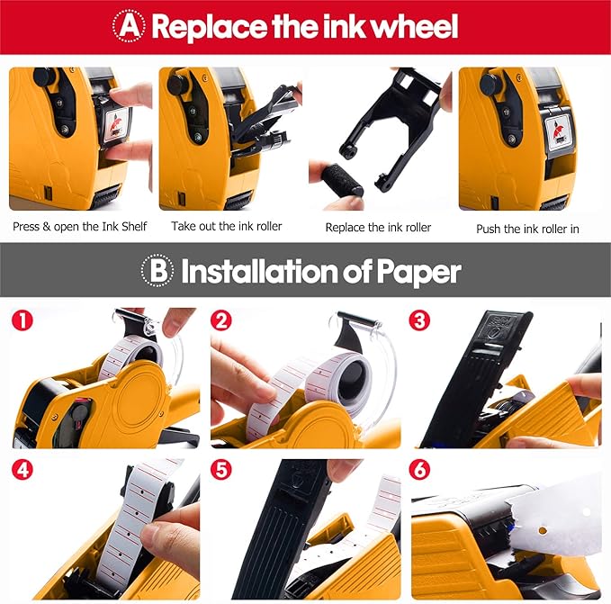 KPX Pricing Tag Gun, 8 Digits, 5150 White Labels, Yellow (Rectangular, Paper, 21*12 mm), One Touch Open System, Incl 3 Inker Rollers