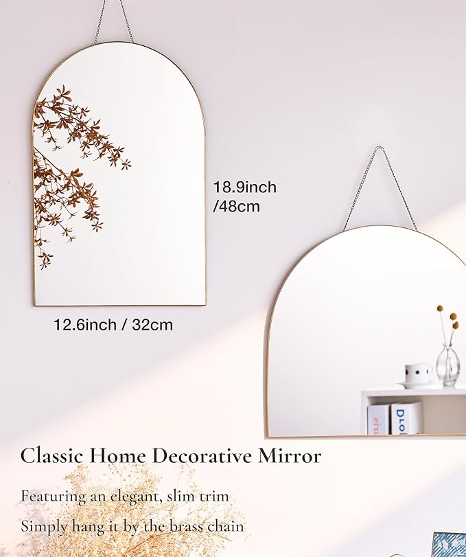 FONDAZZA Gold Arched Wall Mirror 13”x19”-Vintage Hanging Mirror with Chain, Decorative Brass Mirror for Entryway, Bathroom, Bedroom&Living Room, Small Antique Gold Wall Mirror