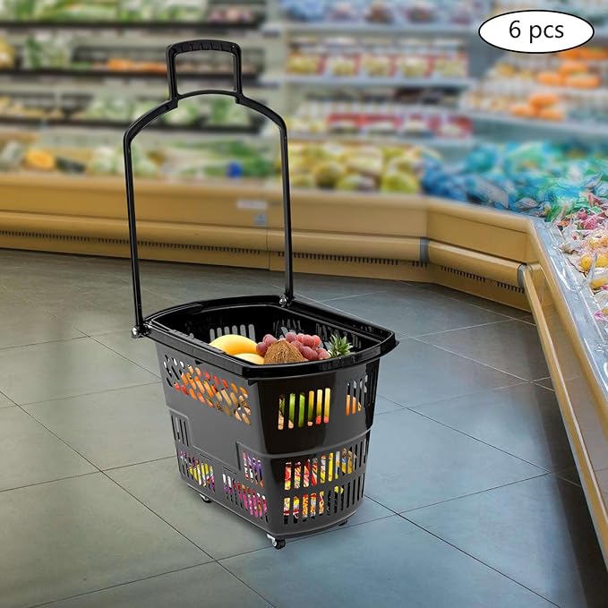 6PCS Trolley Rolling Plastic Basket Set - 35 Litre Portable Shopping Basket with 4 Wheels and Handle for Supermarkets, Retail Stores, Bookstores (Black)