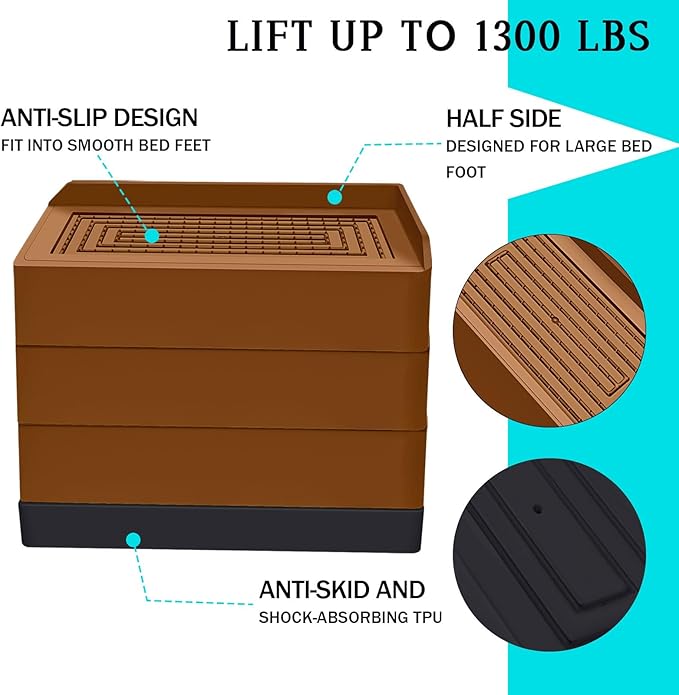 Furniture Risers 4 Inch, Heavy Duty Furniture Elevator in Heights of 1.5, 3 or 4 Inch， Rectangle Raising Blocks for Bed, Couch, Desk, Sofa, Tables,Support Up to 1,300 Lbs (4 Pack-Brown)