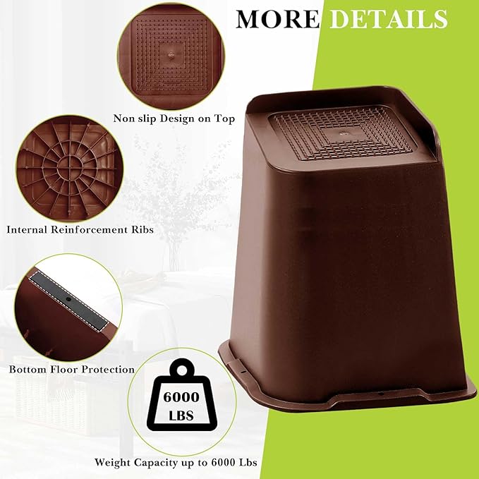 Bed Risers 1 inch, 2 inch, 3 inch, 4 inch, 6 inch, 8 inch Heavy Duty, Oversized Furniture Riser for Couch Sofa Table Chair Leg Frame Dorm, Support up to 6000 Lbs (Chocolat Brown 8 Pack, 8 inch)