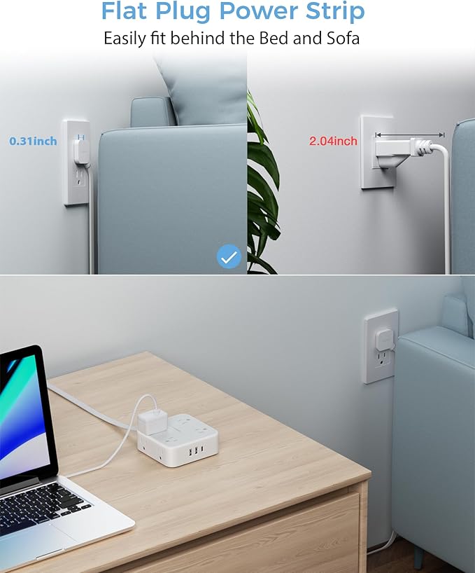 TESSAN 10 Ft Surge Protector Power Strip, 3 USB(1 USB C) 8 Outlets, Flat Plug Extension Cord with Multiple Outlets, 900J Protection, Desk Charging Station for Home, Dorm Room Essentials, Grey