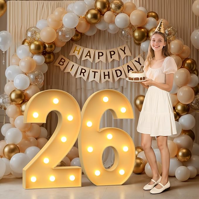 Mixifox 3FT Marquee Numbers 26, Large Light up Number 26 for Birthday Party Supplies, Sign, Backdrop, Happy 26th Birthday Decorations for 26 Years Old Women Men