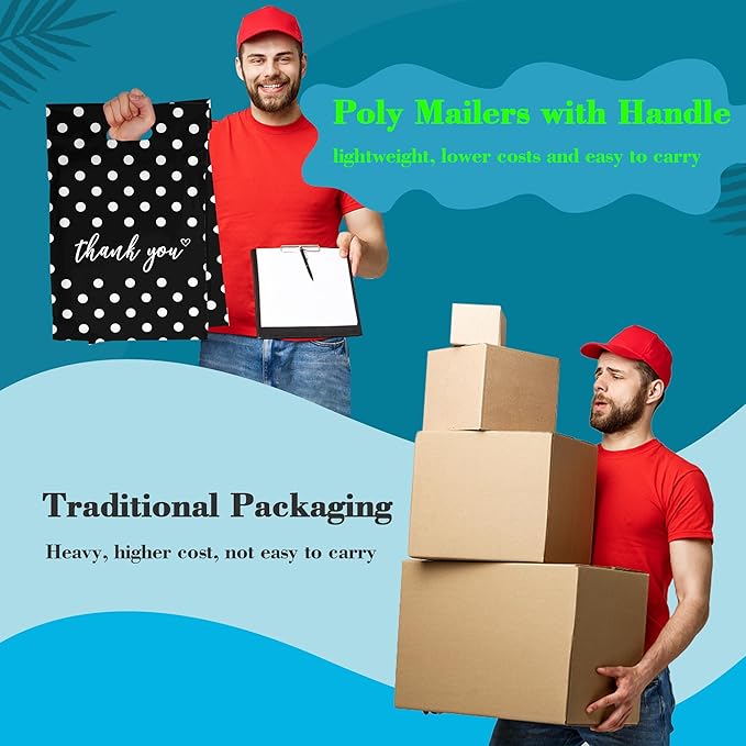 JinRuiKJ Poly Mailers with Handle 14.5x19 Inch 50 Pcs, Easy to Carry Packaging Bags for Small Business, Thank You Shipping Bags with Self Adhesive Strip, Tearproof and Waterproof - White Polka Dot