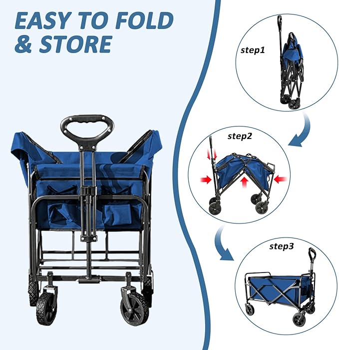 Collapsible Utility Cart Folding Wagon, 220 lbs Capacity Lightweight Rolling Cart with Quiet Wheels, Quick-Fold Design for Camping, Shopping, Ourdoor Use, Blue