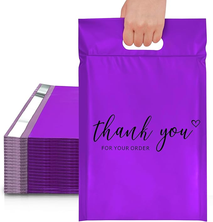 JinRuiKJ Poly Mailers with Handle 10x13 Inch 100 Pcs, Easy to Carry Packaging Bags for Small Business, Thank You Shipping Bags with Self Adhesive Strip, Tearproof and Waterproof - Purple
