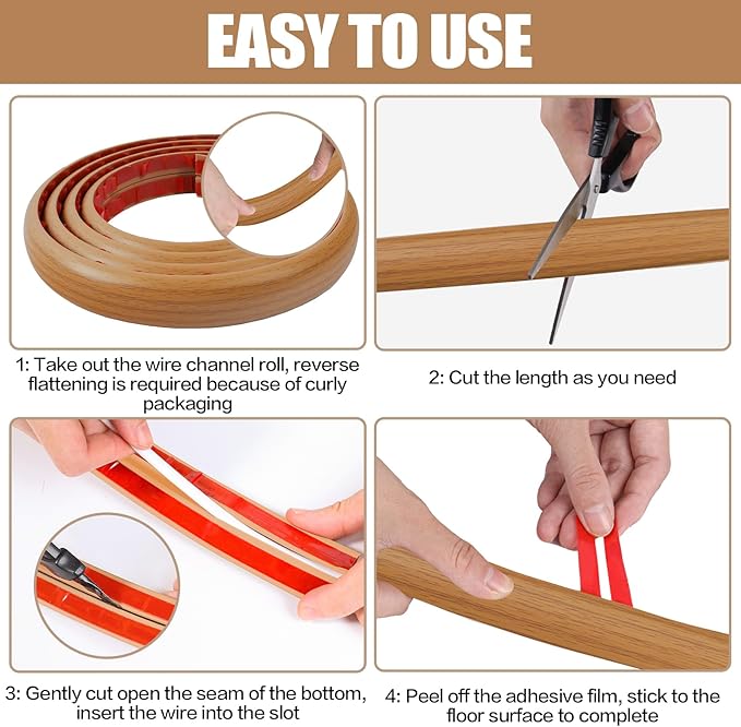 Floor Cord Cover Self Adhesive Cord Hider,3.3FT Cable Management, Extension Strip Protector for Wires, Prevent Cable Trips for Offices, Gyms, Exhibitions Cavity:0.39"(W) x 0.27"(H) Brown Wood